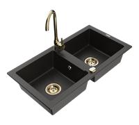 Mexen Mario fregadero de granito de 2 cubetas con grifo de cocina Telma, negro/dorado - 6504-75-670200-50 6185 5907709189485