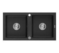Mexen Mario fregadero de granito de 2 senos 820 x 436 mm, negro/plateado metálico, sifón cromado - 6504822000-73 3568 5907709193956