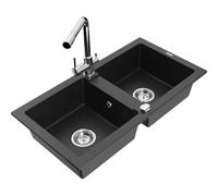 Mexen Mario fregadero de granito de 2 senos con grifo de cocina Duero, negro/plateado metálico - 6504-73-671600-00 17146 5905315023100