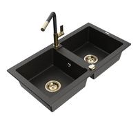 Mexen Mario fregadero de granito de 2 senos con grifo de cocina Flora, negro/oro metálico - 6504-75-670401-57-G 20508 5905315057761