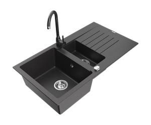 Mexen Matias fregadero de granito 1,5 cubetas con escurridor y grifo de cocina Telma, negro moteado - 6502-76-670200-76 6158 5907709189218