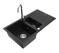 Mexen Matias fregadero de granito 1,5 senos con escurridor y grifo de cocina Telma, negro - 6502-77-670200-00 6159 5907709189225