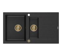 Mexen Matias fregadero de granito de 1,5 compartimentos con escurridor 900 x 505 mm, negro/plateado metálico, sifón dorado 16134 5905315011442