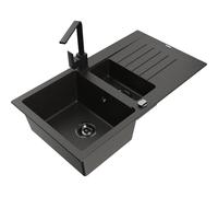 Mexen Matias fregadero de granito de 1,5 cubetas con escurridor y grifo de cocina Rita, negro/dorado - 6502-75-670300-50-B 16915 5905315017406