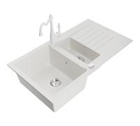 Mexen Matias fregadero de granito de 1,5 senos con escurridor y grifo de cocina Carla, blanco - 6502-20-670700-20 16483 5905315037718