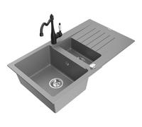 Mexen Matias fregadero de granito de 1,5 senos con escurridor y grifo de cocina Carla, gris - 6502-71-670700-70 16496 5905315037800