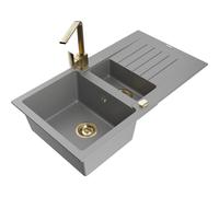 Mexen Matias fregadero de granito de 1,5 senos con escurridor y grifo de cocina Rita, gris - 6502-71-670300-50 16686 5905315017307