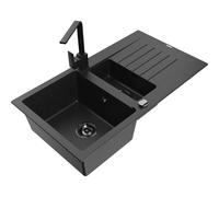 Mexen Matias fregadero de granito de 1,5 senos con escurridor y grifo de cocina Rita, negro/plata - 6502-73-670300-70-B 16903 5905315017376