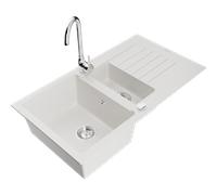 Mexen Matias fregadero de granito de 1,5 senos con escurridor y grifo de cocina Telma, blanco - 6502-20-670200-00 6147 5907709189102