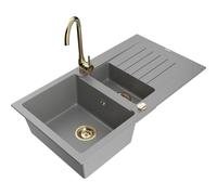 Mexen Matias fregadero de granito de 1,5 senos con escurridor y grifo de cocina Telma, gris - 6502-71-670200-50 17788 5905315013934