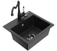 Mexen Milo fregadero de cocina de granito de 1 cubeta con grifo de cocina Carla, negro/metálico plateado - 6505-73-670700-70-B 16741 5905315038814