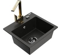 Mexen Milo fregadero de granito de 1 cubeta con grifo de cocina Rita, negro/dorado metálico - 6505-75-670300-50-B 17186 5905315018366