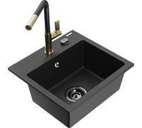 Mexen Milo fregadero de granito de 1 seno con grifo de cocina Flora, negro/metálico plateado - 6505-73-670401-57-B 20554 5905315058218