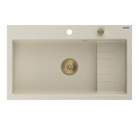 Mexen Omar fregadero de granito de 1 cubeta 800 x 480 mm, beige, sifón dorado - 6520801005-69-G 31102 5905315236333