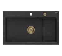 Mexen Omar fregadero de granito de 1 cubeta 800 x 480 mm, negro/plateado metálico, sifón dorado - 6520801005-73-G 31113 5905315236357
