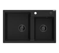 Mexen Tomas fregadero de granito de 2 cámaras 800 x 500 mm, negro, sifón negro - 6516802000-77-B 16383 5905315013576