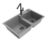 Mexen Tomas fregadero de granito de 2 compartimentos con grifo de cocina Flora, gris - 6516-71-670401-70-B 21083 5905315062666