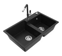 Mexen Tomas fregadero de granito de 2 compartimentos con grifo de cocina Flora, negro - 6516-77-670401-07 21107 5905315062901