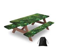 Mexpekil Mantel de mesa de picnic de plumas de pavo real, 3 piezas con fundas de banco, mantel elástico ajustable para exteriores, con bolsa de cordón, impermeable, resistente al viento, para jardín