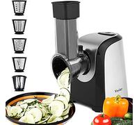 Meykey Rallador Electrico, Cortador de Verduras y Fruta Eléctrico 150W con 5 Accesorios y Tubo de Alimentación Grande, para Sus Verduras y Fruta, Sin BPA