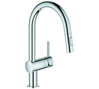 Mezclador monomando de fregadero Grohe Minta, 223 mm de alcance, caño en C, extraíble, fácil acoplamiento, orientable, doble rociador de aclarado, 32321002, Color: cromado