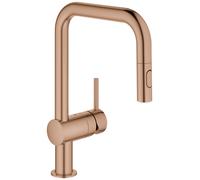 Mezclador monomando de fregadero Grohe Minta, 225 mm de alcance, caños en U, extraíble, Easy Docking, rociador doble, orientable, 32322DL2, Color: cálido atardecer cepillado