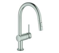 Mezclador monomando electrónico de fregadero Grohe Minta Touch, 223 mm de alcance, caño en C, extraíble, funcionamiento con pilas, orientable, 31358DC2, Color: súper acero