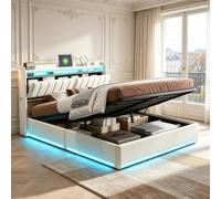 MGMYM Cama Tapizada 140x200 cm con Canapé Abatible, LED RGB, USB y Tipo C, Cama de Matrimonio con Cabecero Alto con Almacenaje, Somier de Láminas, Beige de Terciopelo, sin Colchón
