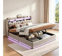MGMYM Cama Tapizada 160x200 cm con Canapé Abatible, LED RGB, USB y Tipo C, Cama de Matrimonio con Cabecero Alto con Almacenaje, Somier de Láminas, Gris de Terciopelo, sin Colchón
