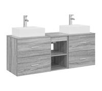 Mhdvray Juego de 3 armarios de baño, color gris, madera Sonoma, 129 cm | Combinación colgante de pared de 3 unidades con 4 cajones para un almacenamiento ordenado en el baño y lavadero.