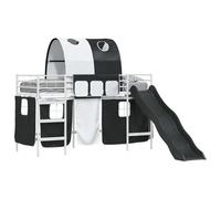 Mhdvray Litera infantil de metal blanco y negro, 90 x 190 cm, con tobogán y cortinas, marco de cama alta seguro para niñas y niños, paraíso para dormir y jugar en habitaciones pequeñas