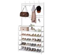 Mi Ko Mi Ka Perchero de pie con banco para zapatos y ganchos extraíbles - Mueble de entrada multifuncional (80 x 25 x 154 cm, Negro/Blanco) Mikomika Estanteria Entrada Zapato（ZAPATO-001 1590）