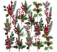 MIAHART 18 púas de Navidad con Ramas de Pino Artificiales, Tallos de Bayas Rojas, púas de Pino en Aerosol con piña, Manzanas, Hojas de Acebo para Manualidades, púas de Corona Floral