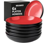MIAMIO - Juego de 6 platos hondos de 900 ml / 22 cm para pasta/ensalada, cuencos de pasta anchos y poco profundos, plato hondo grande de cerámica - Colección Le Papillon (Rojo)