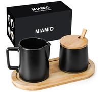 MIAMIO - Juego para servir crema y azúcar con tapa y cuchara/Accesorios de cerámica para el rincón del café - Apto para microondas y lavavajillas. (Negro)