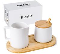 MIAMIO - Juego para servir crema y azúcar con tapa y cuchara/Accesorios de cerámica para el rincón del café - Apto para microondas y lavavajillas. (Blanco)