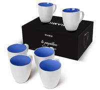MIAMIO - Set de 6 tazas grandes para café y té de cerámica (Blanco-Azul)