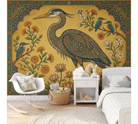 MIATCENRT Garza Loto Papel Pintado Pared Tradicional Flores Pájaros | Papel Tapiz Tela de Seda, Decoración de Pared 300Anx210Al cm, FotográFic Sala de Estar Dormitorio Tv De Fondo Fotomurales