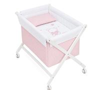 mibebestore Minicuna para Bebe Plegable de Madera con Ruedas Vestidura Colchon Colcha y Edredon Desenfundable 100% Algodon para Recien Nacidos hasta 9 Meses Portatil Diseño Blanco/Rosa Topitos