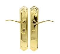 MICEL - 02037 - Juego de manilla con condena para picaportes de 47 mm, mano izquierda, incluye muletilla con 2 llaves, acabado latonado, color dorado, 120x256x55 mm
