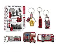 Mighty Majesty London - Juego de regalo de 8 piezas - cuaderno, bolígrafo, llaveros, abrebotellas e imán para nevera, colección británica de recuerdos, Big Ben, Union Jack, autobús rojo