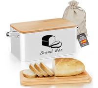 Mihoho Panera de metal con tapa de tabla de cortar de bambú, contenedor para almacenar pan, organizador de cocina moderno para masa madre, bollos y panes (Blanco k)