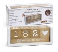 MIJOMA Calendario anual de cuenta regresiva de madera, calendario de mesa con cubos decorativos, hasta 432 días para ocasiones especiales (blanco/natural, edición alemana, aprox. 18 × 7 × 5,5 cm)