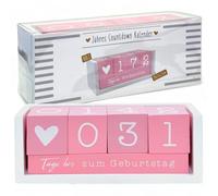 MIJOMA Calendario anual de cuenta regresiva de madera, calendario de mesa con cubos decorativos, hasta 432 días para ocasiones especiales (blanco/rosa, edición alemana, aprox. 18 × 7 × 5,5 cm)