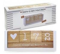 MIJOMA Calendario anual de cuenta regresiva de madera, calendario de mesa con cubos decorativos, hasta 432 días para ocasiones especiales (blanco/natural, edición francesa, aprox. 18 × 7 × 5,5 cm)