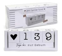 MIJOMA Calendario anual de cuenta regresiva de madera, calendario de mesa con cubos decorativos, hasta 432 días para ocasiones especiales (blanco, edición alemana, aprox. 18 × 7 × 5,5 cm)