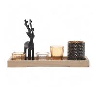 MIJOMA | Elegante juego de portavelas de té, 6 piezas, con tabla de madera, ciervos decorativos y tarros de cristal en tonos marrones, moderno set de regalo, 17 cm de alto (bandeja de color madera, 32