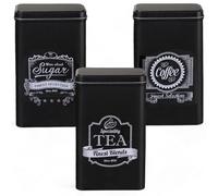 MIJOMA Juego de 3 latas de metal retro con tapa, diseño vintage, para café, té, azúcar, lata de café, té, azucarero, 19 x 11 cm (blanco y negro)