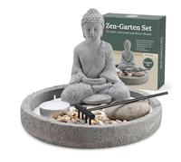 MIJOMA Juego de jardín zen con figura de Buda - Plato redondo de cemento con arena, piedras decorativas, rastrillo y portavelas, decoración espiritual de mesa para meditación, islas de descanso y