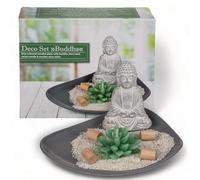 MIJOMA Set de decoración con vela de cactus, buda de cemento, palos de madera y arena decorativa en plato de madera gris, accesorios elegantes y conscientes de la moda para un ambiente cálido, aprox.